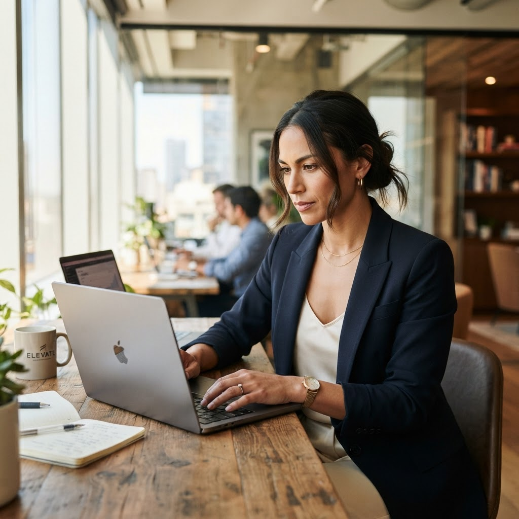 Business executive working on a laptop in a modern office