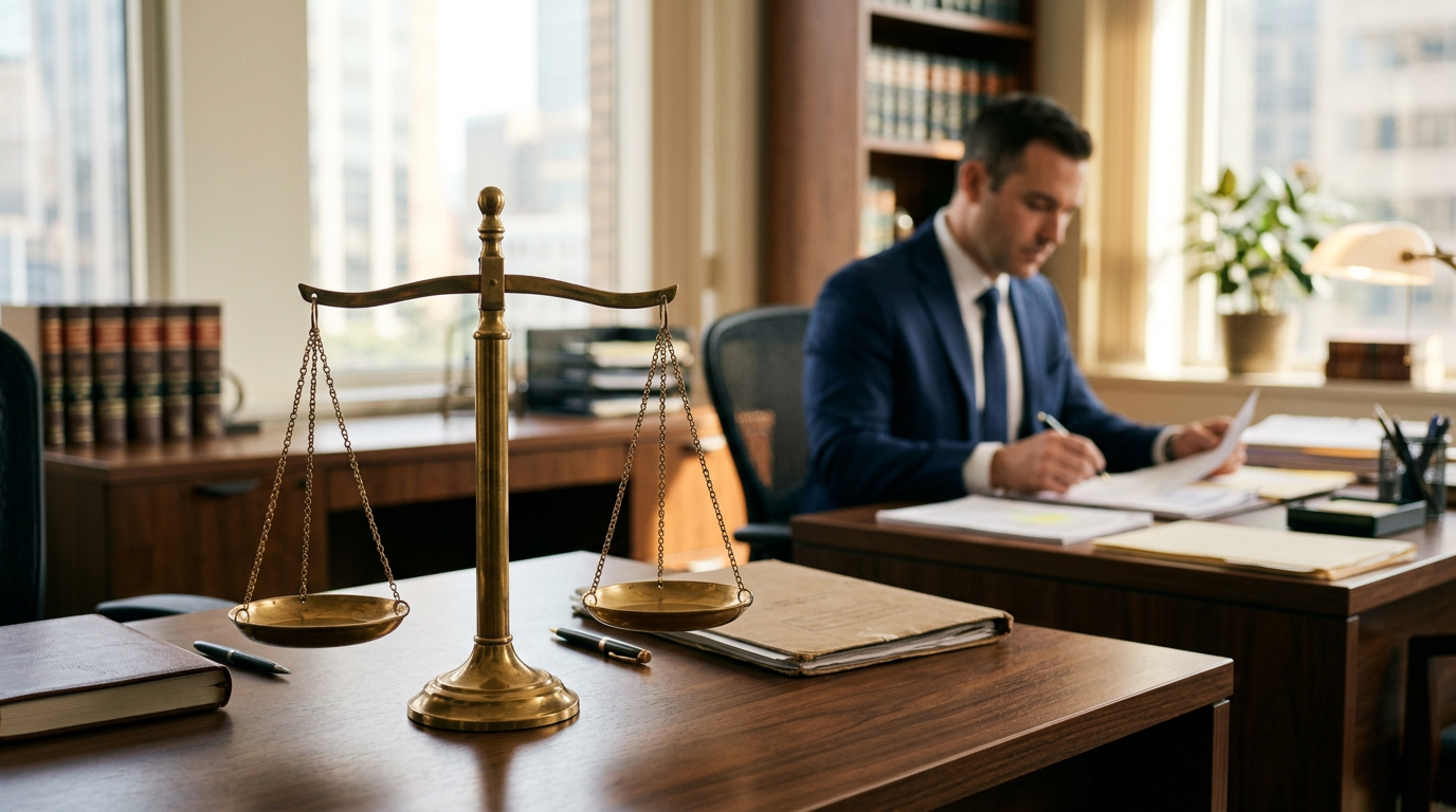 Scales of justice on a desk in a professional legal office