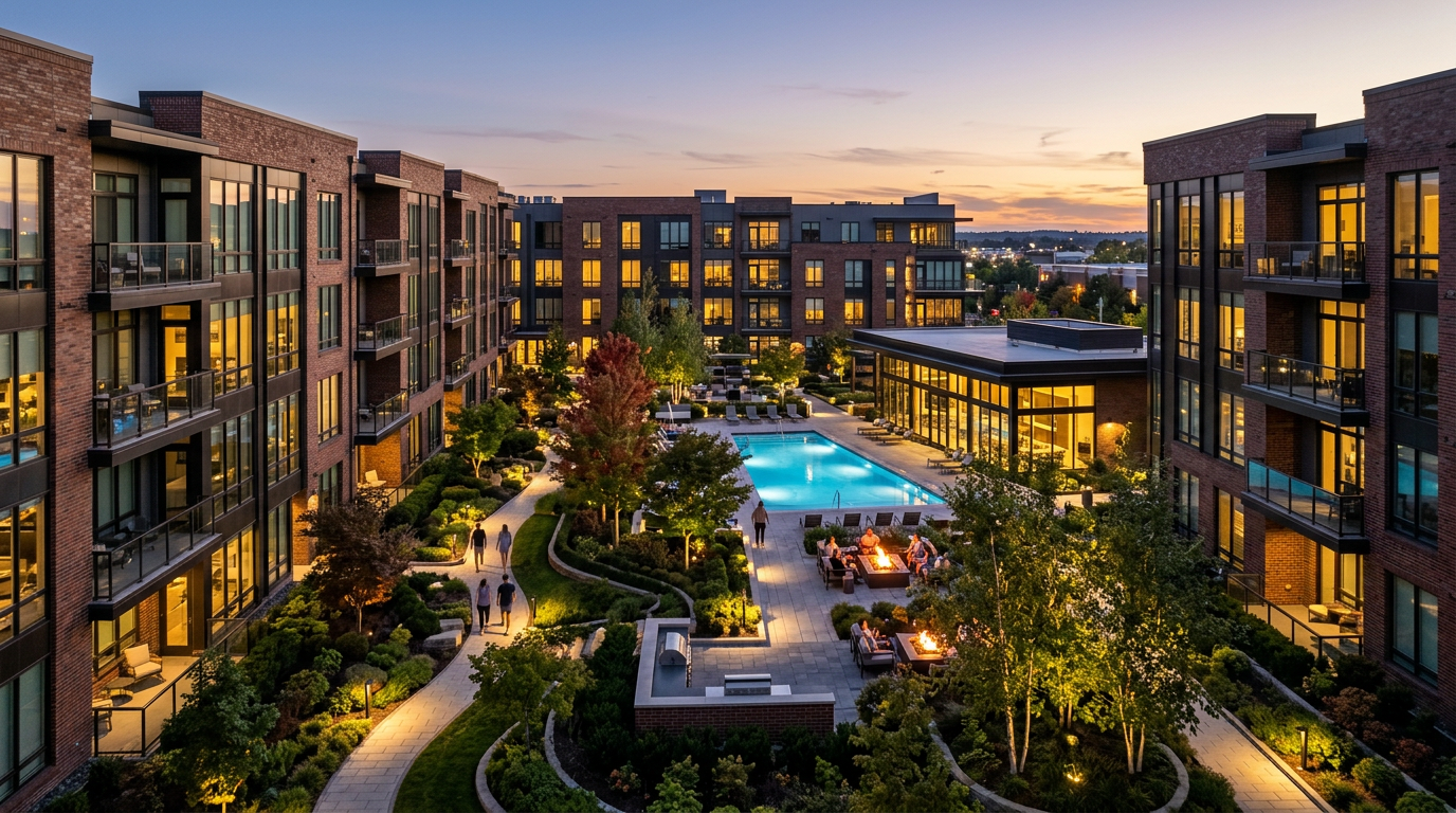 Upscale multifamily apartment community at dusk
