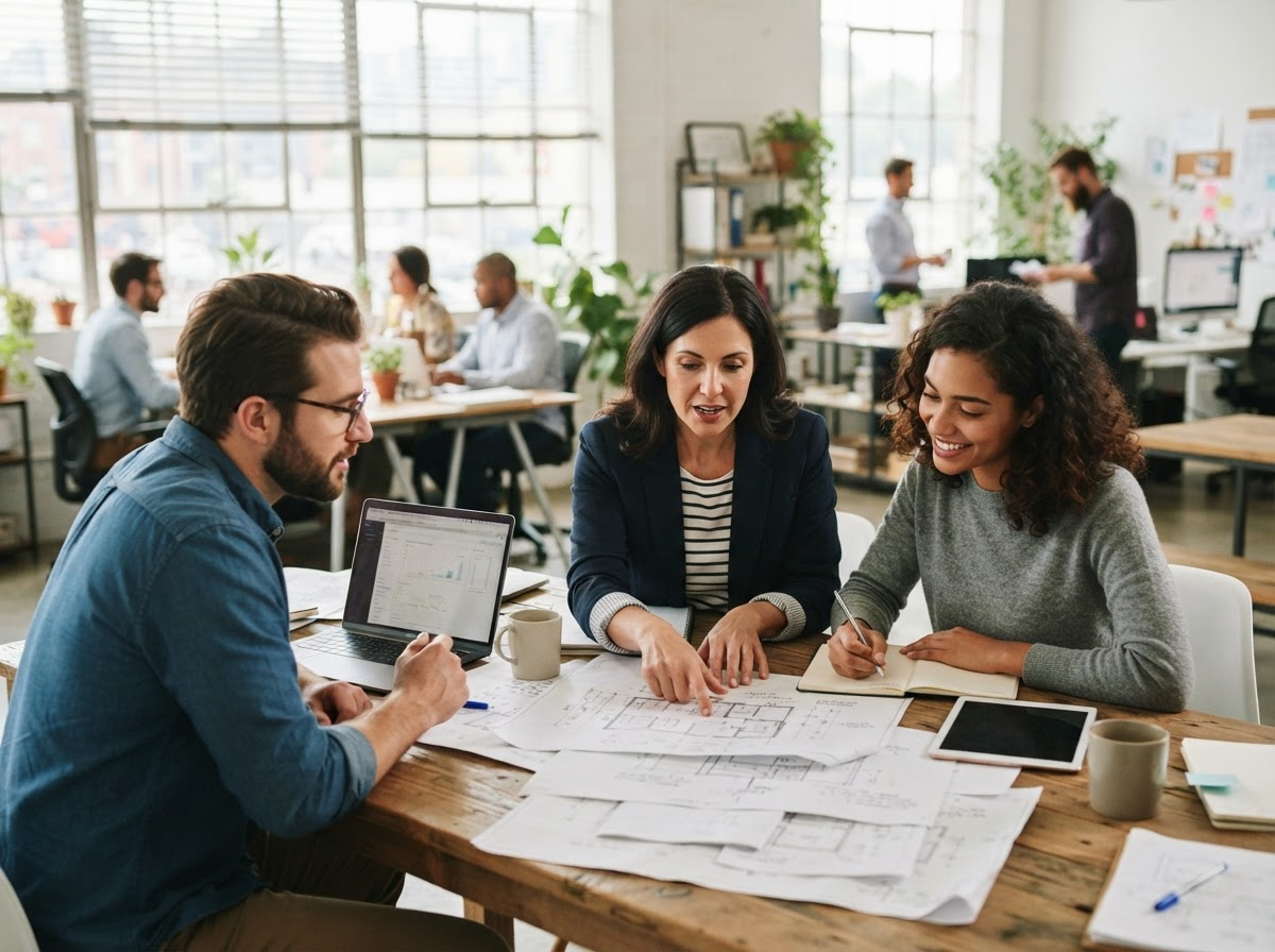 Business owner and team collaborating in a working office
