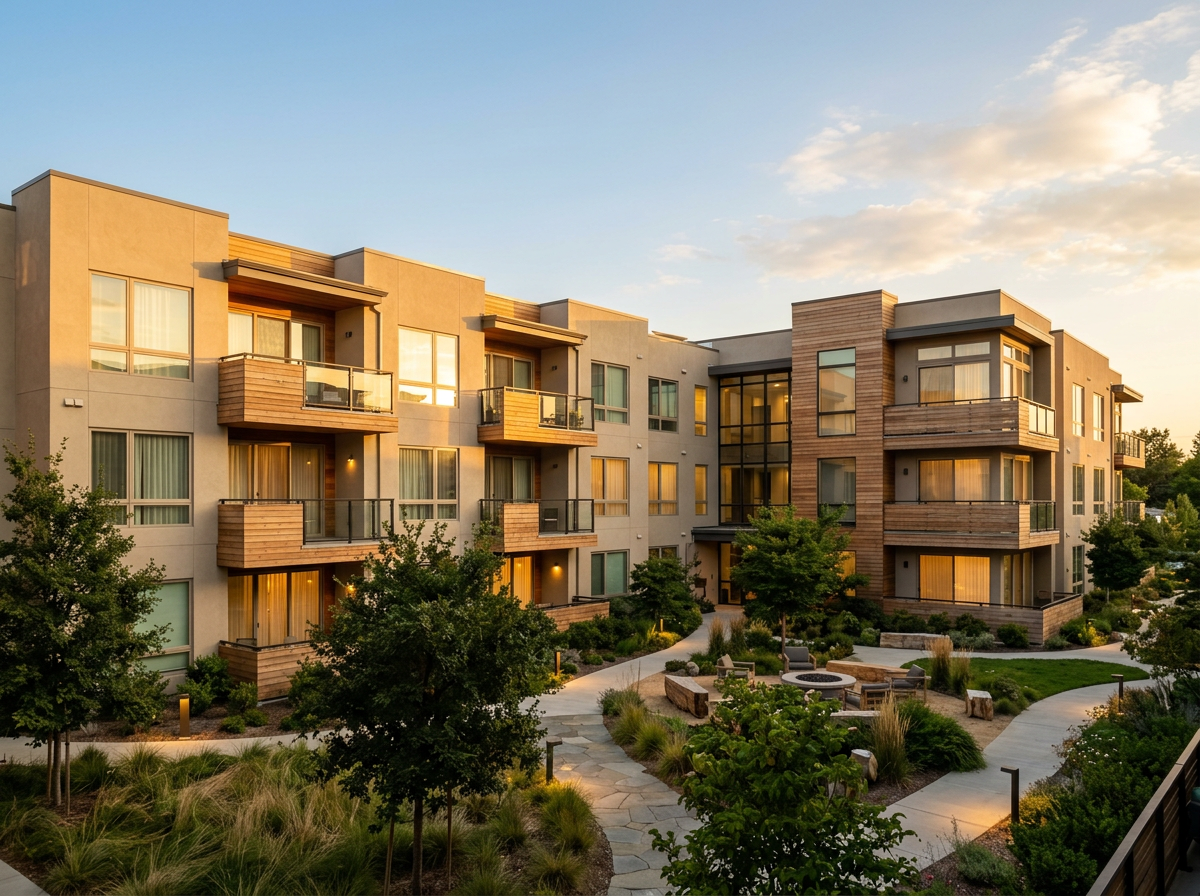 Upscale multifamily apartment community at golden hour