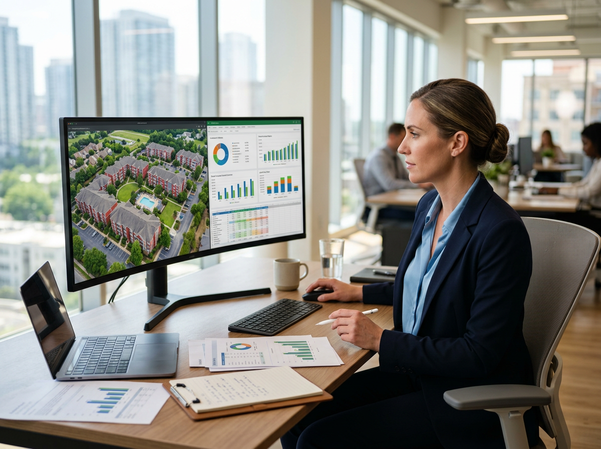 Real estate investment professional reviewing multifamily property data on a monitor