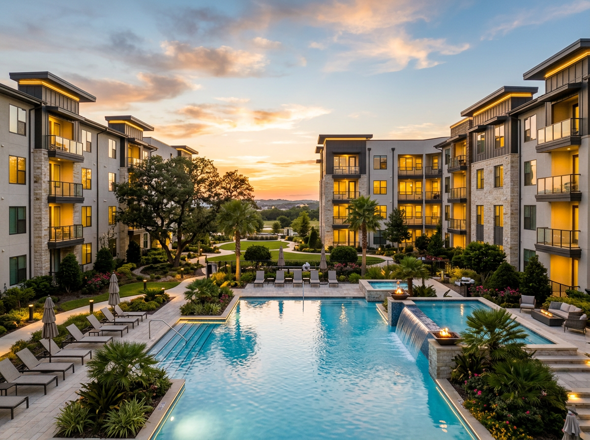 Multifamily apartment community with a resort-style pool at golden hour