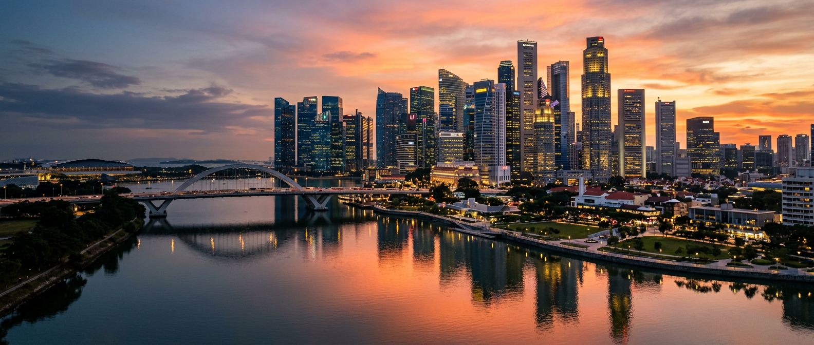 City skyline reflected in a river at sunset